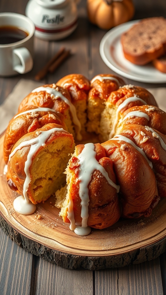 Cinnamon Sugar Monkey Bread Without Brown Sugar Golden-brown monkey bread drizzled with glaze, served on a rustic table with cinnamon sugar sprinkles.